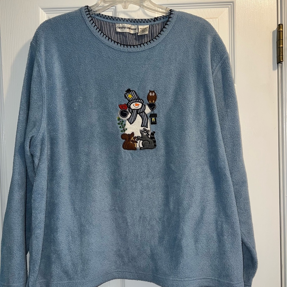 Cathy Daniels Blue Embroidered Fleece with snowman design .